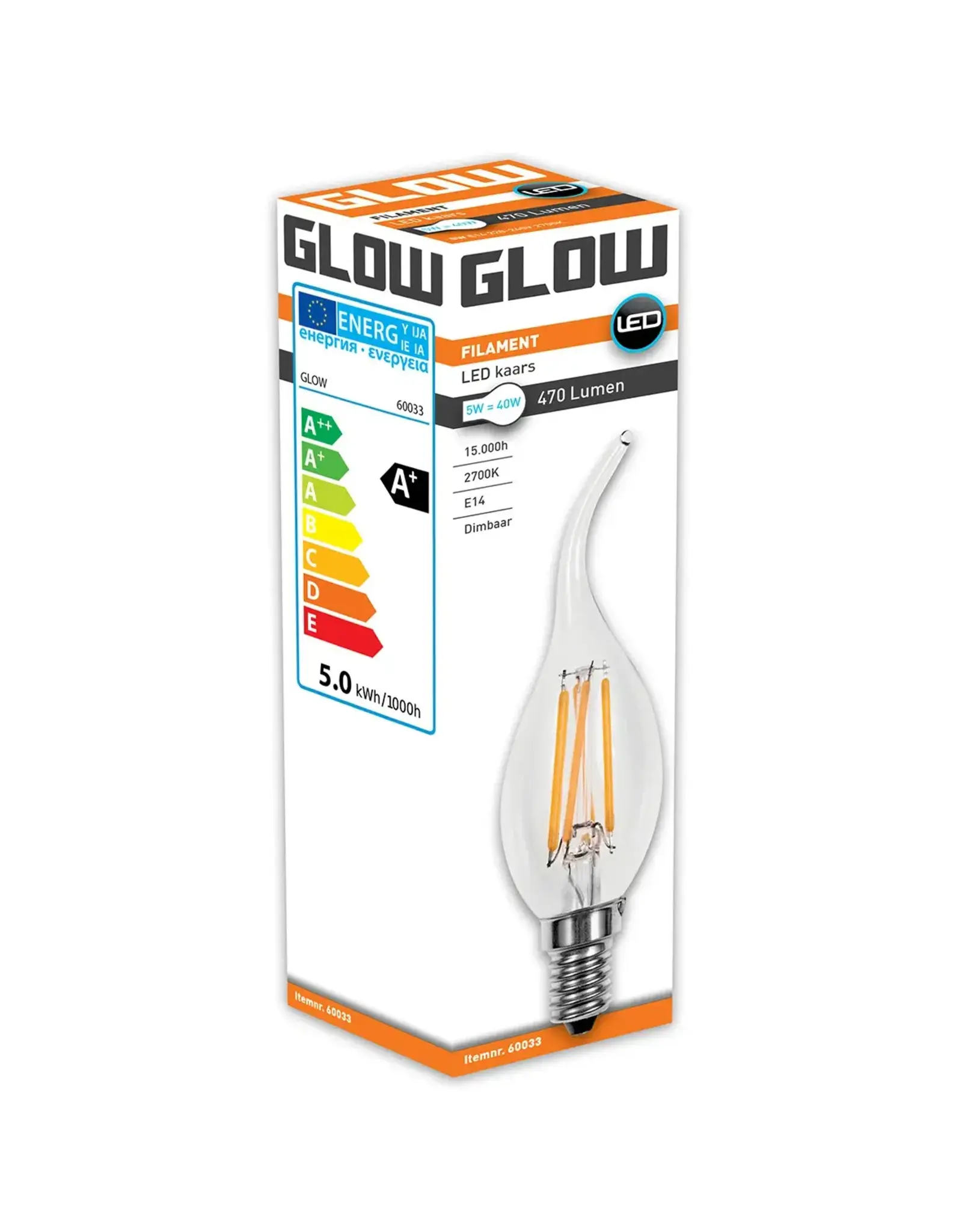 Glow Glow Tipkaars E14 5W(=40W) 2700K 470LM Dimbaar