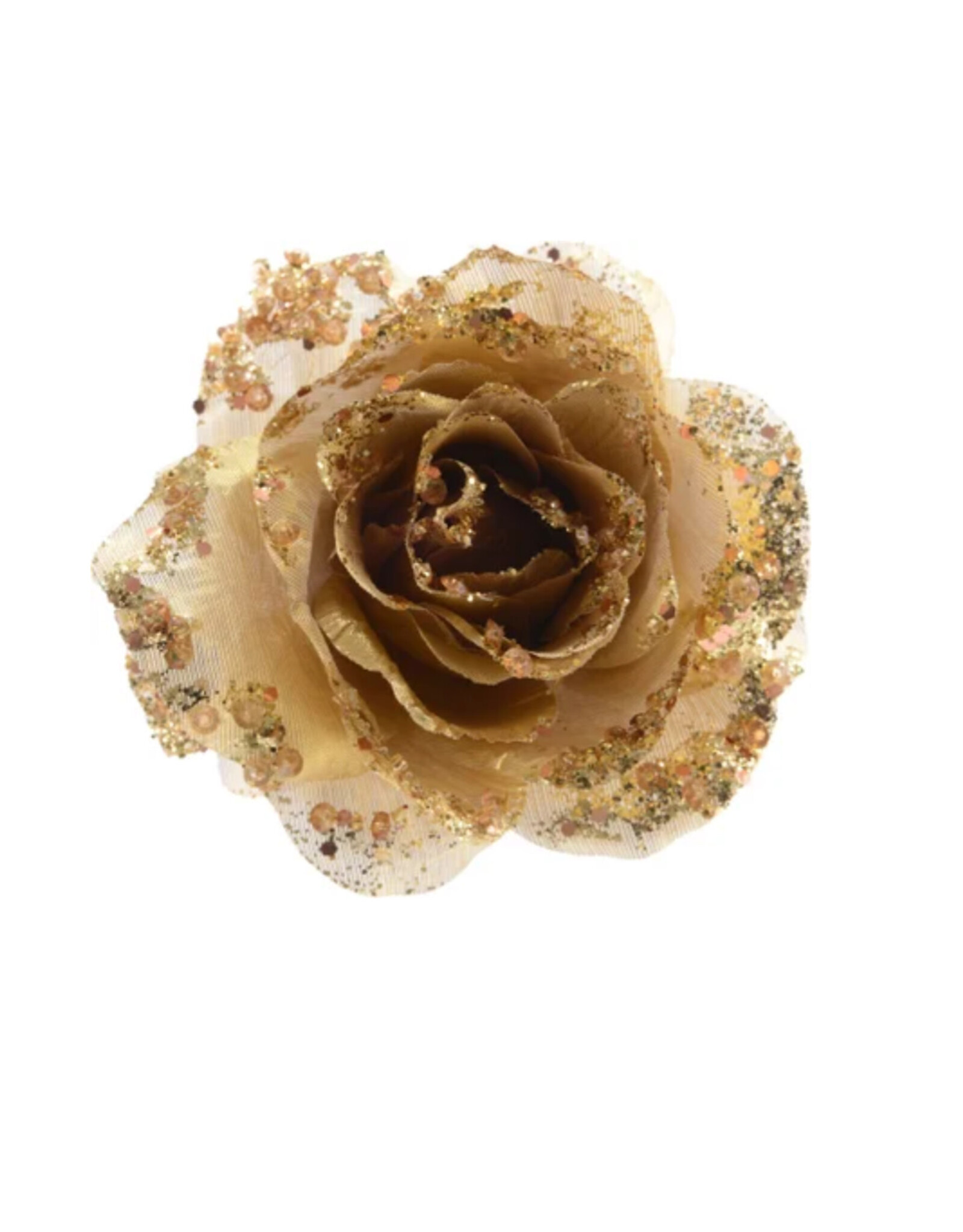 Decoris kerstclip roos met glitters | 14 cm goud