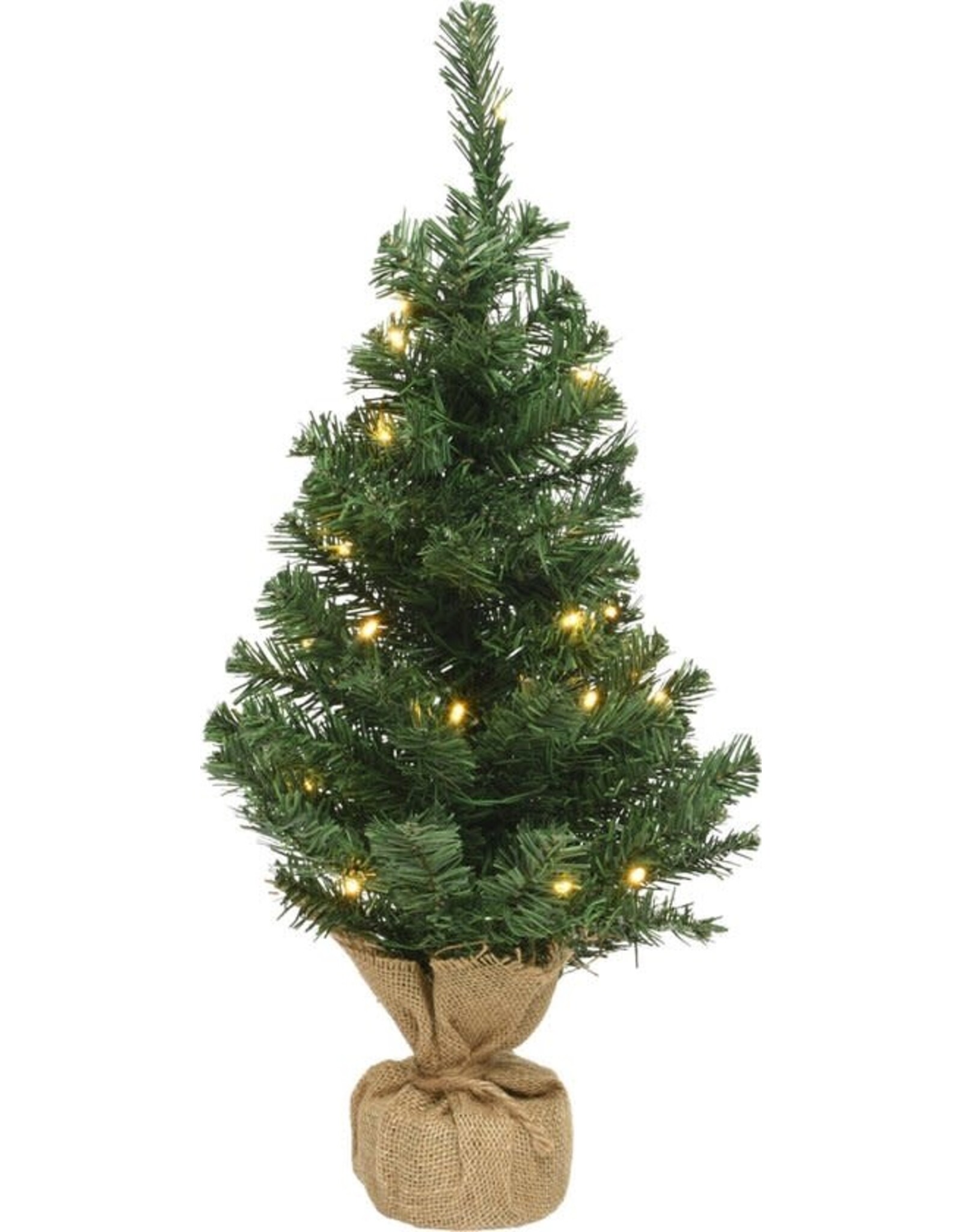 Kleine volle kerstboom in jute zak 45 cm