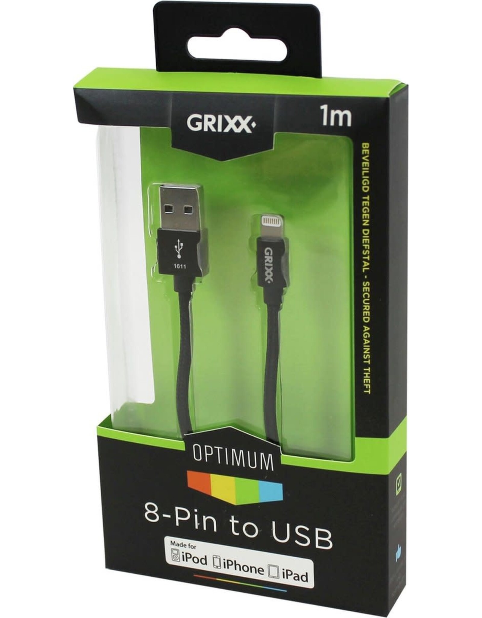 GRIXX GRIXX Optimum Cable iPhone 5/iPad 4 MFI Lightning Apple License Nylon 1.0m Black