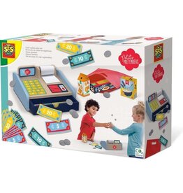 Ses SES - Petits Pretenders - Kassa speelset - houten Montessori kassa - inclusief speelgeld, boodschappentas en 3 supermarktproducten