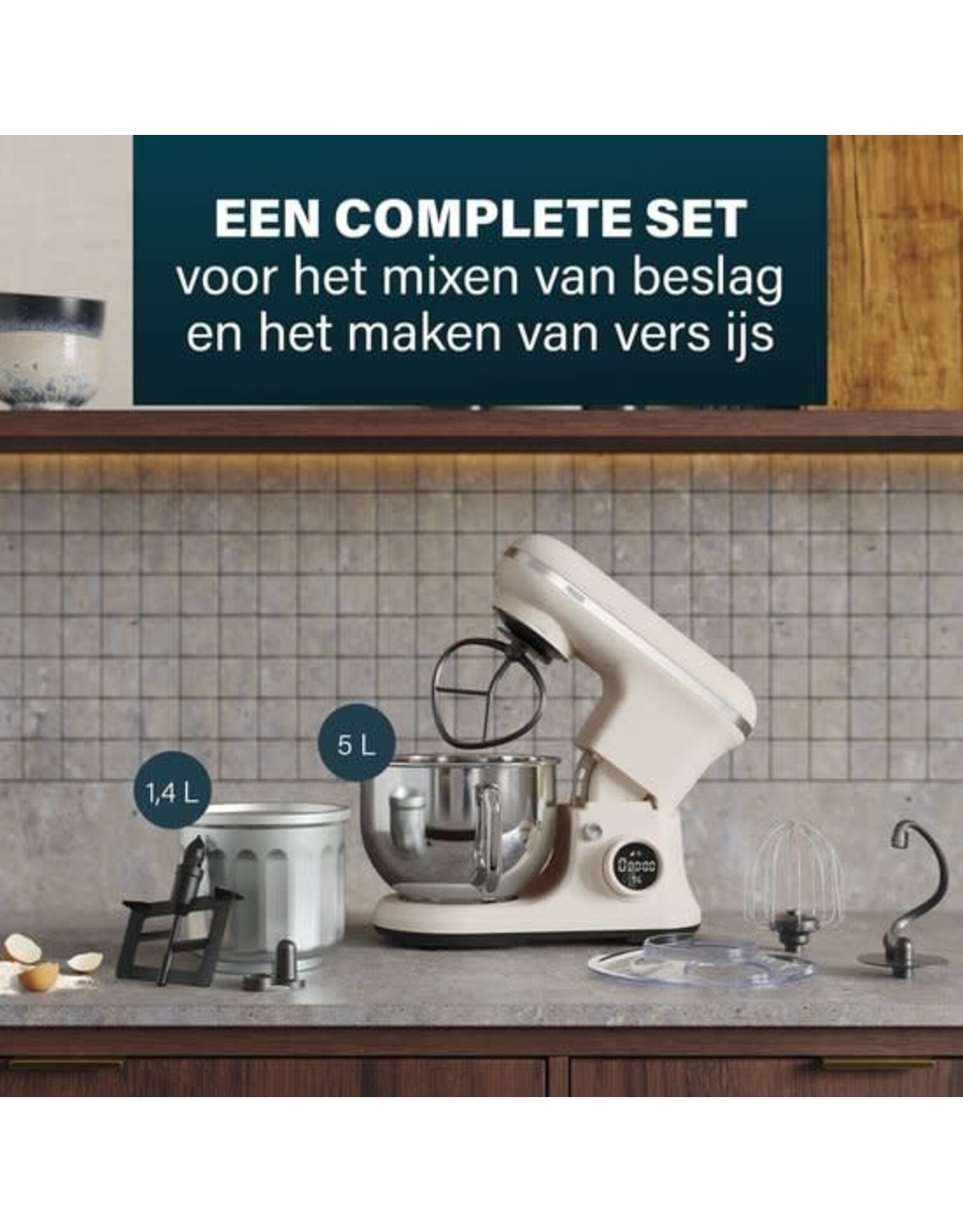 Princess 220138 2-in-1 Keukenmachine en IJsmachine in één - 1200W - 5 liter RVS mengkom - Gratis meegeleverde IJskom voor 1,4 liter ijs - Keukenrobot - Foodprocessor