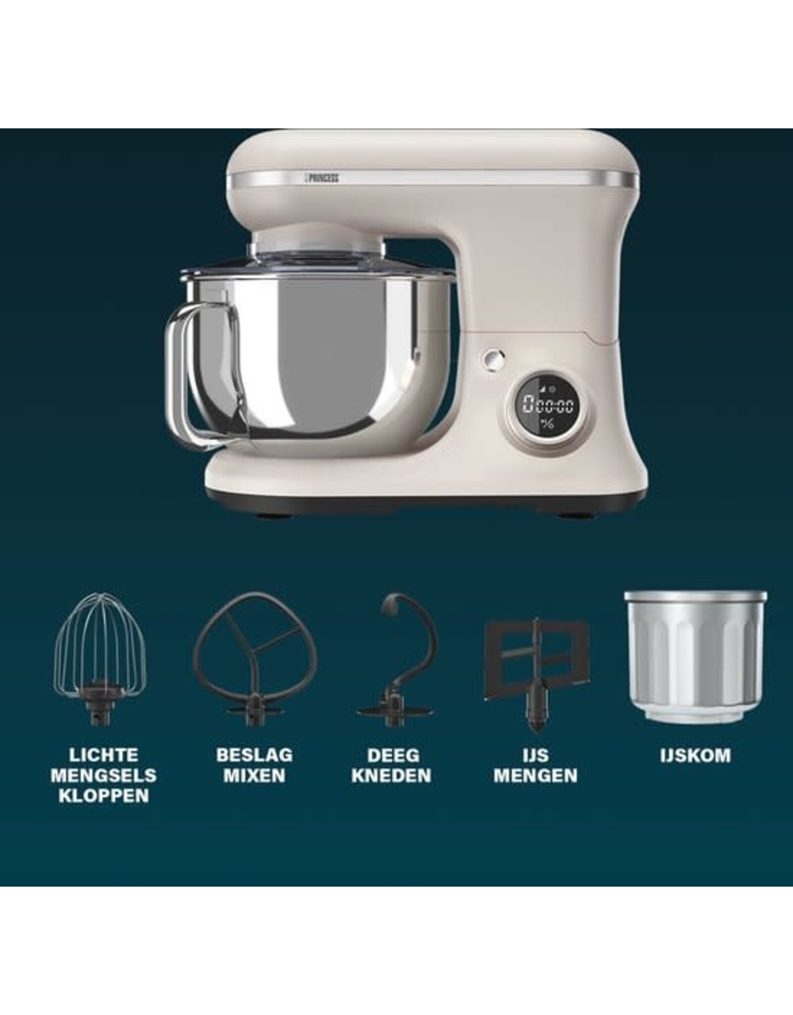 Princess 220138 2-in-1 Keukenmachine en IJsmachine in één - 1200W - 5 liter RVS mengkom - Gratis meegeleverde IJskom voor 1,4 liter ijs - Keukenrobot - Foodprocessor