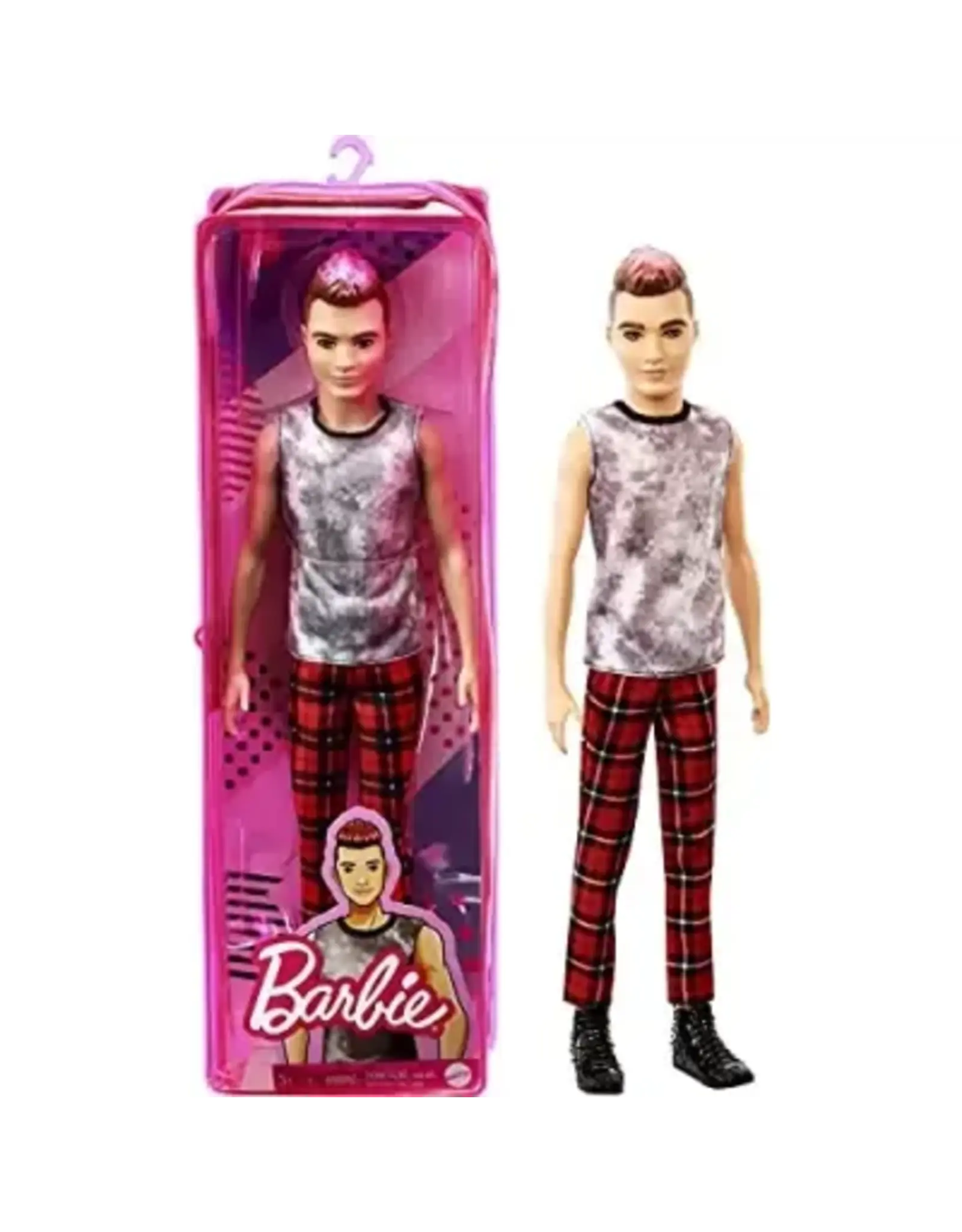 Barbie Barbie Ken Fashionistas pop #176 met gemodelleerd bruin haar ombre effect, een mouwloos tie dye shirt, rood geruite broek en zwarte schoenen, speelgoed voor kinderen tussen de 3 8 jaar
