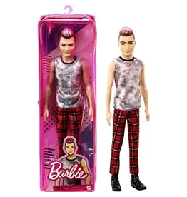 Barbie Barbie Ken Fashionistas pop #176 met gemodelleerd bruin haar ombre effect, een mouwloos tie dye shirt, rood geruite broek en zwarte schoenen, speelgoed voor kinderen tussen de 3 8 jaar