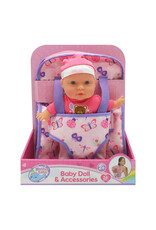 mother love Mother love babypop in draagzak/rugtas met zacht lijfje. Lengte van de pop: 26cm. Wordt geleverd in een touch box.