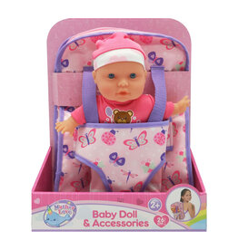 mother love Mother love babypop in draagzak/rugtas met zacht lijfje. Lengte van de pop: 26cm. Wordt geleverd in een touch box.
