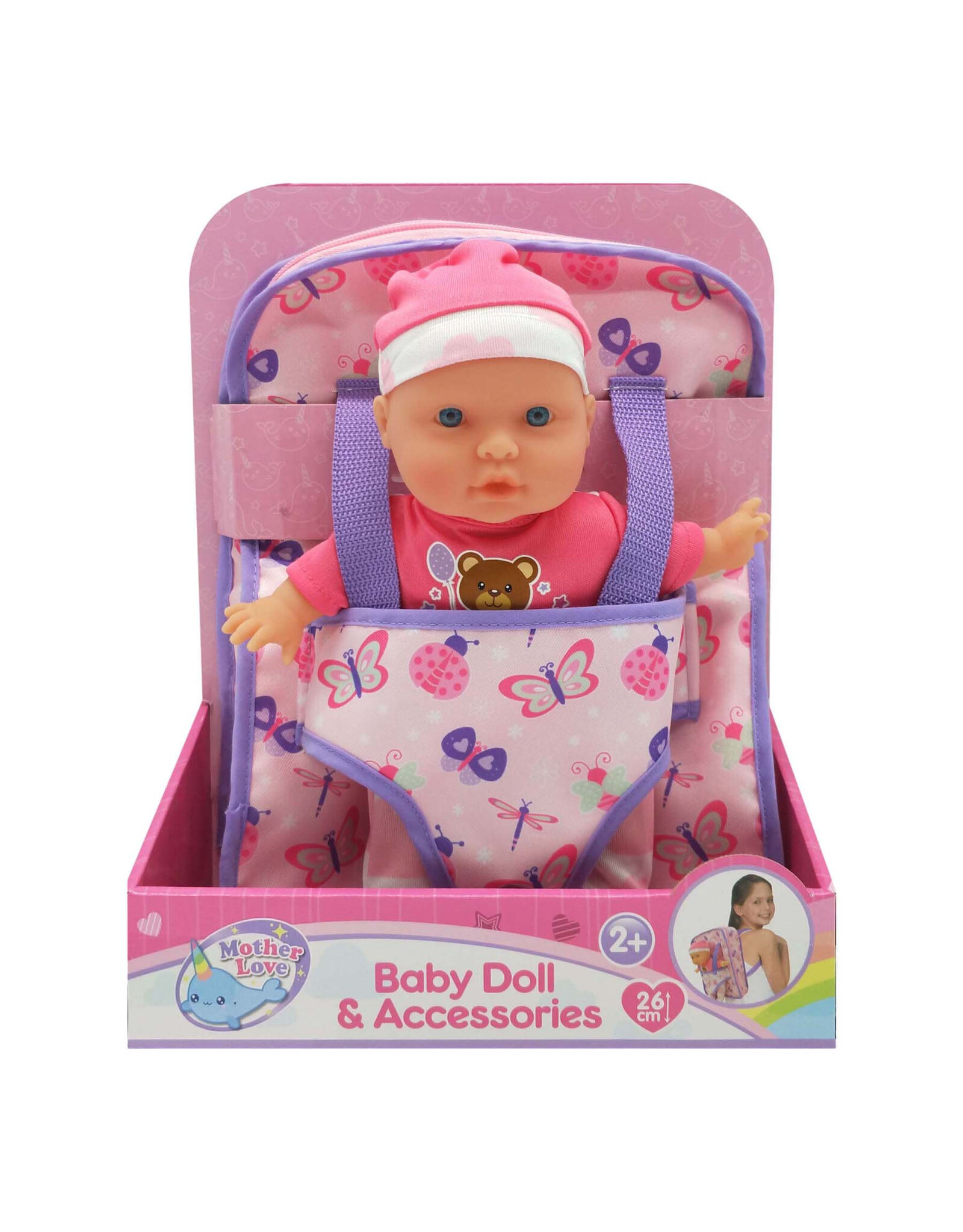 mother love Mother love babypop in draagzak/rugtas met zacht lijfje. Lengte van de pop: 26cm. Wordt geleverd in een touch box.