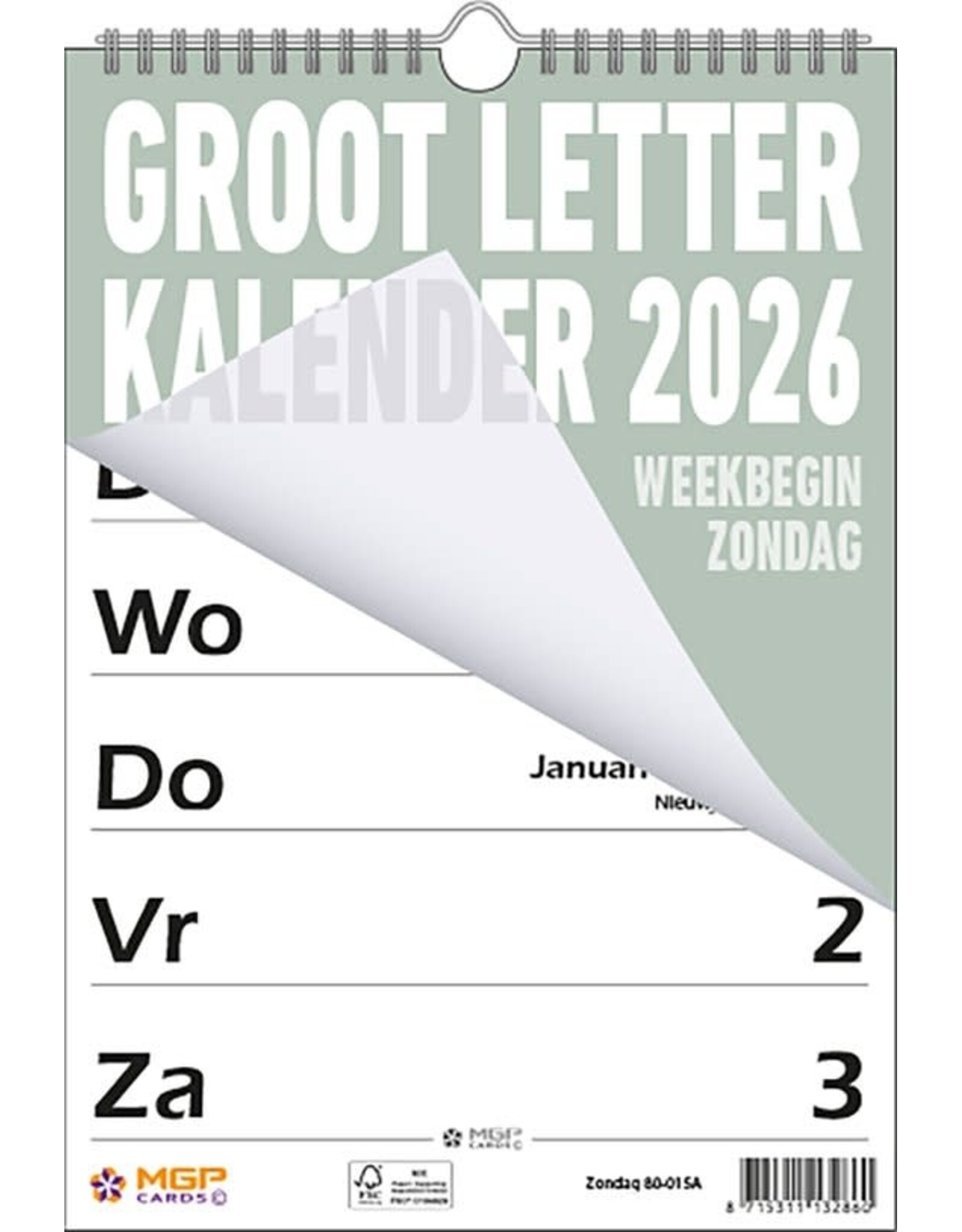 MGPcards - Grootletter kalender 2026 - Grootcijfer kalender - Week Planner - 21 x 34 cm - Grijs groen