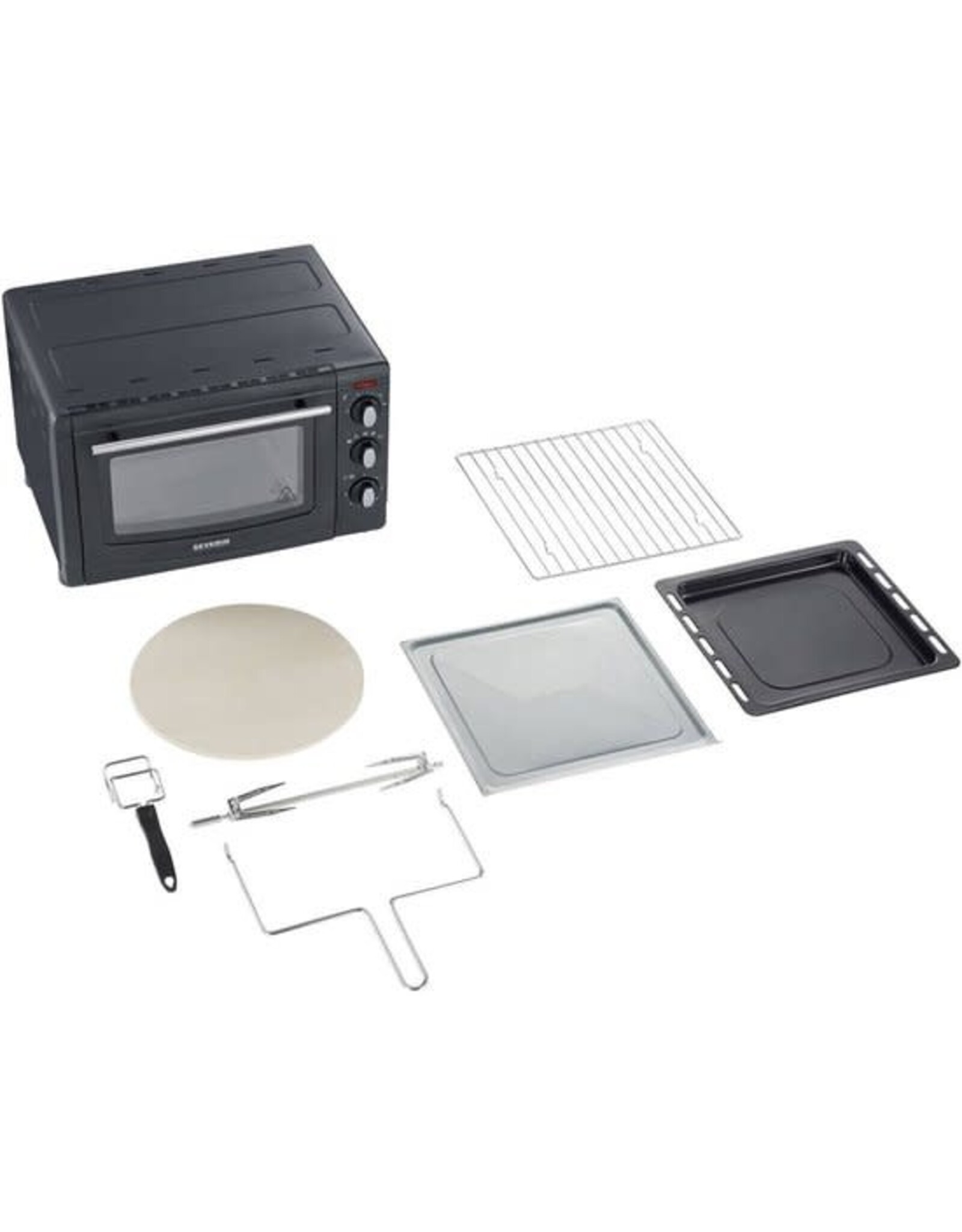 SEVERIN Severin TO 2068 Bak- en Grilloven - 20 Liter - Incl. pizza-grillsteen voor grote pizza's en met functioneel draaispit - 100-230°C - Zwart