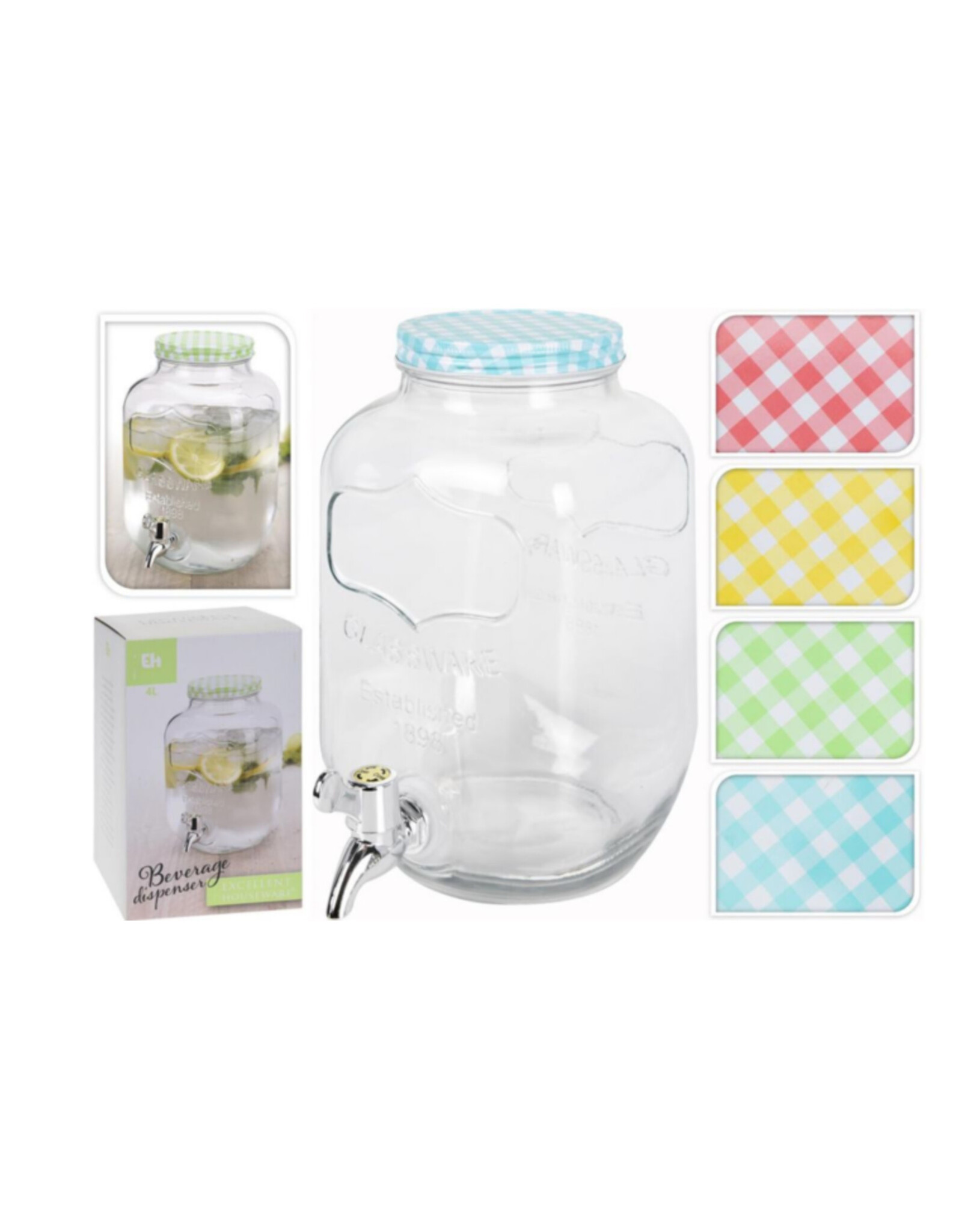 EXCELLENT HOUSEWARE Drankdispenser glas 4 Liter 4 ass kleur