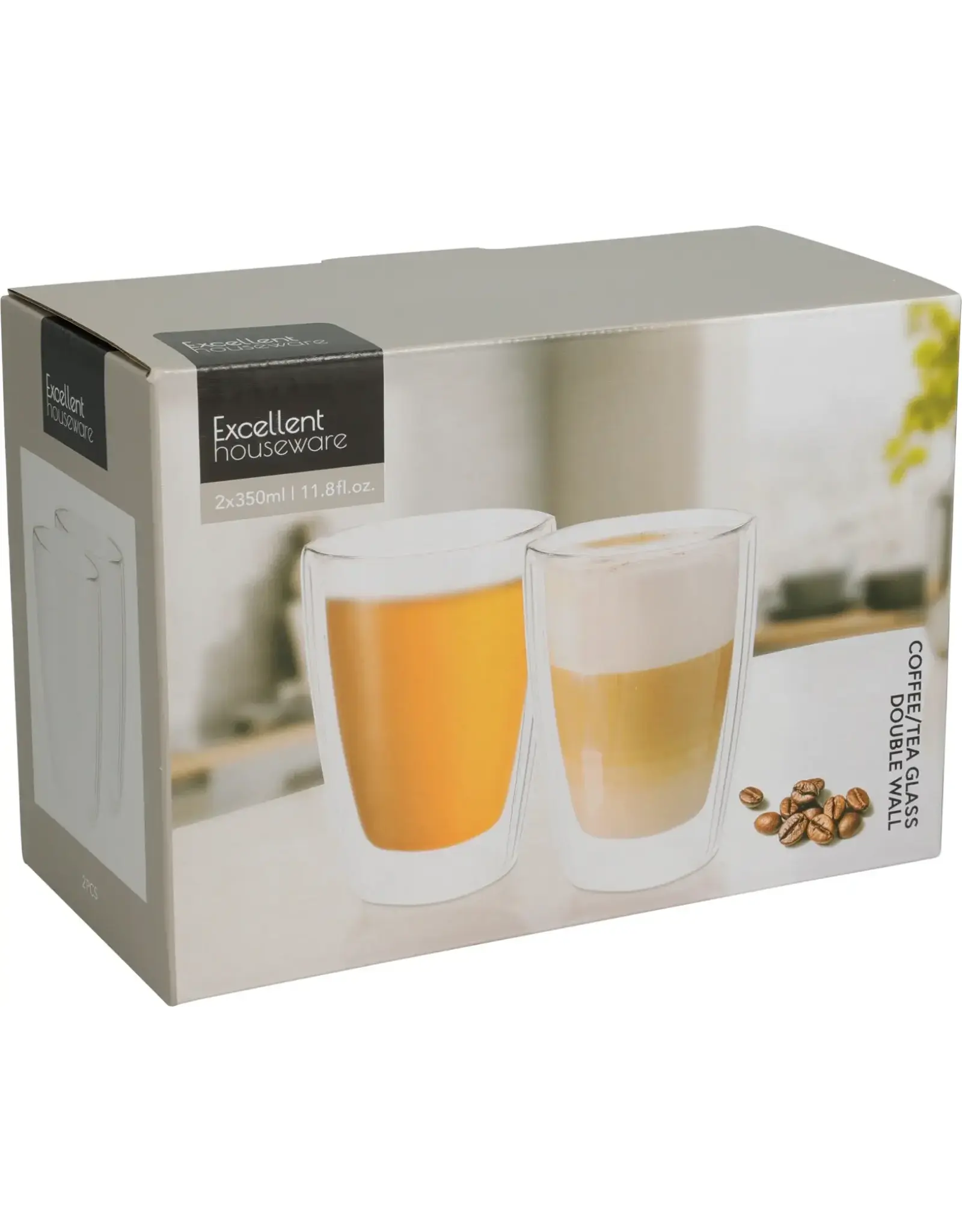 EXCELLENT HOUSEWARE Dubbelwandig Koffie-Theeglas 350ml set 2 stuks in doos