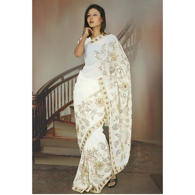 Sari Chiffon Creme-Weiss mit Gold