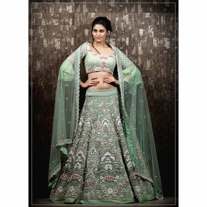 Edler Lehenga Choli in Hellgrün (Olive) – Stoffpaket halbgenäht zur eigenen Fertigung