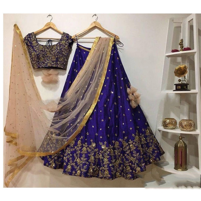 Lehenga Choli in Blau, Gold-  Stoffpaket- halbgenäht