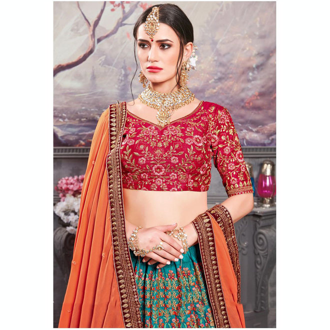 Lehenga Choli in Türkis, Rot