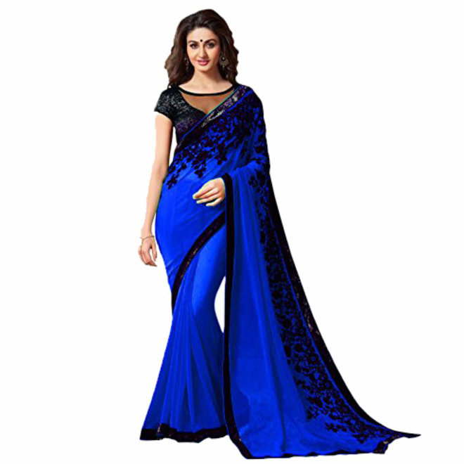 Sari Chiffon in Blau, Schwarz