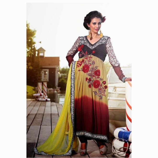 Salwar Kameez in Gelb, Rot, Schwarz, Grösse 36/38