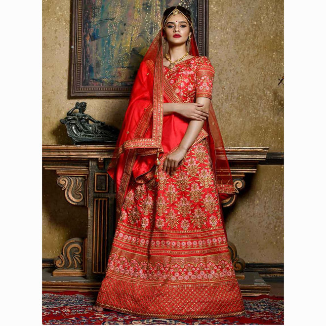 Lehenga Choli in Rot- Stoffpaket- halbgenäht(Massanfertigung)