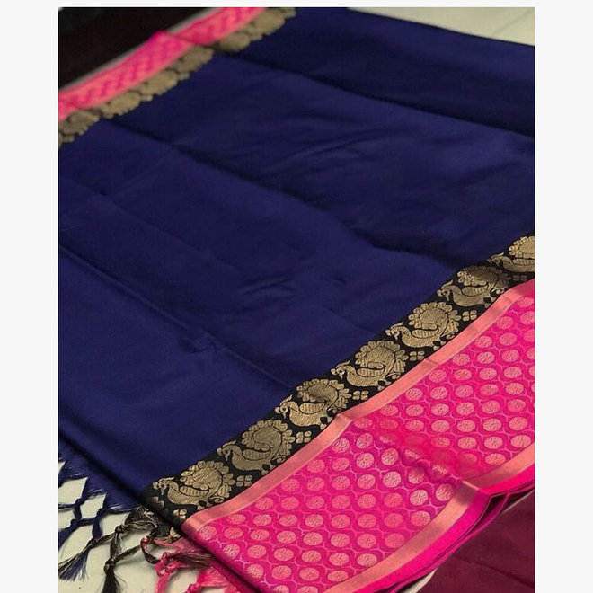 Sari Baumwolle/Seide in Blau, Pink und Gold