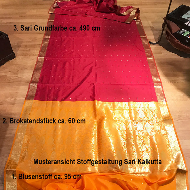 Sari Kalkutta in Kastanie, Gelb mit Gold