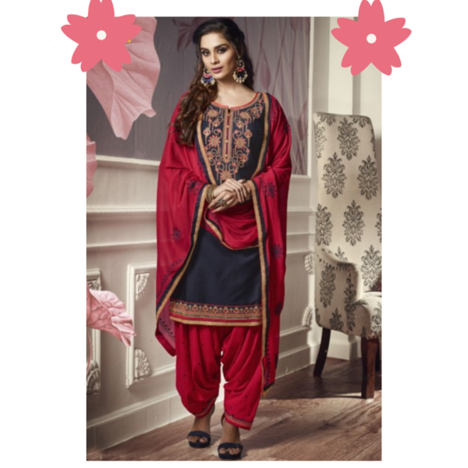 Salwar Kameez in Rot, Blau - Stoffpaket-halbgenäht