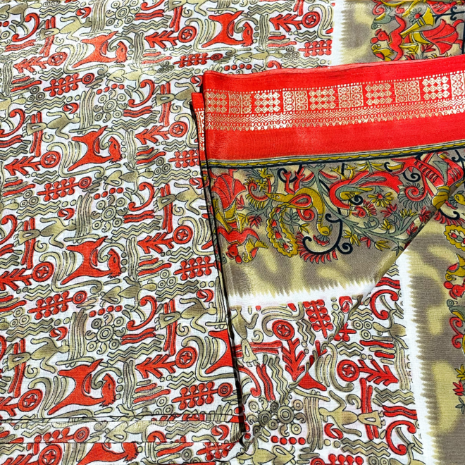 Indischer Sari in Creme Rot/Creme