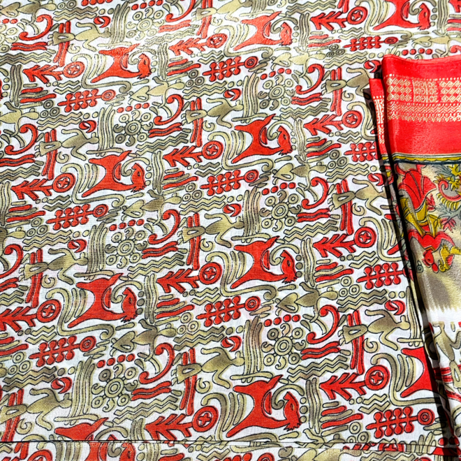 Indischer Sari in Creme Rot/Creme