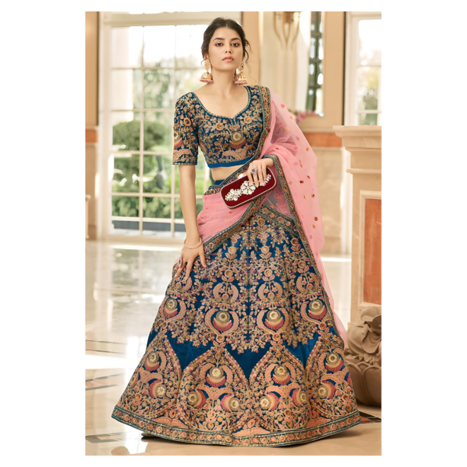 Lehenga Choli Petrol & Rosé – halbgenäht