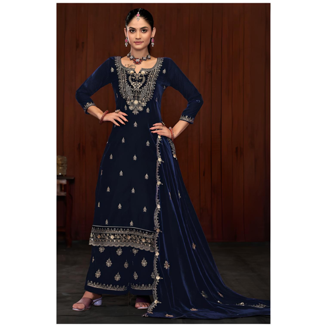Festliches Salwar Kameez in Dunkelblau aus Samt mit Goldstickerei – tragfertig Grösse 36 mit Schal
