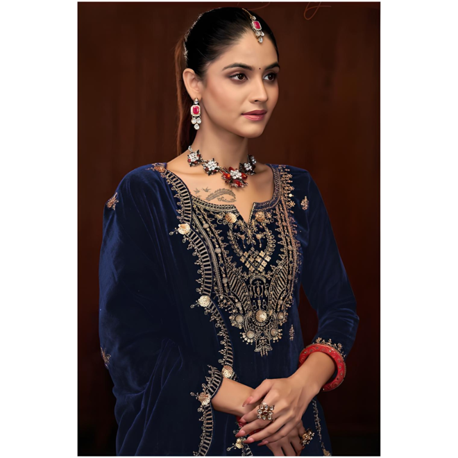 Festliches Salwar Kameez in Dunkelblau aus Samt mit Goldstickerei – tragfertig Grösse 36 mit Schal