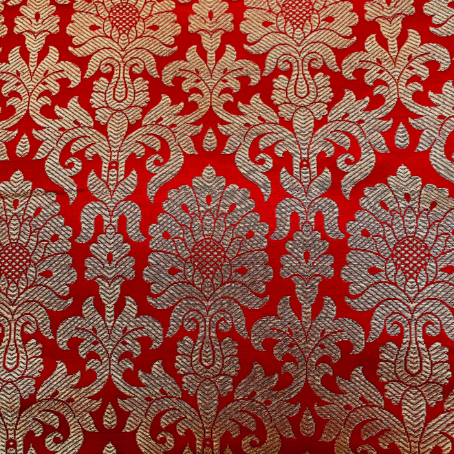 Barnasi Brokatstoff in Rot-Gold mit floralem Muster – Edle Meterware, 110 cm breit