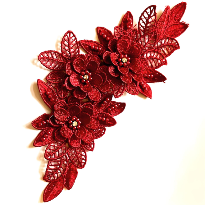 Gehäkelte Applikation in Rot mit Perlen und Kristallsteinen – ca. 24 x 12 cm – für Kleidung, Accessoires & Dekoration