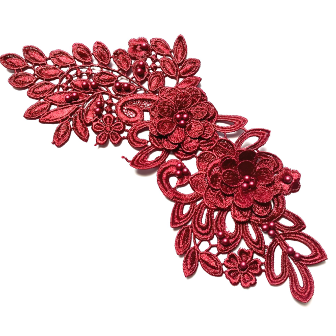 Gehäkelte Applikation in Rot mit Perlen und – ca. 25 x 12 cm – für Kleidung, Accessoires & Dekoration