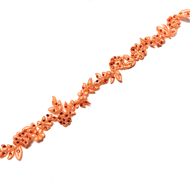 Zierliche Spitzenapplikation in Lachs mit Kristallsteinen – ca. 35 x 3 cm – ideal für elegante Verzierungen