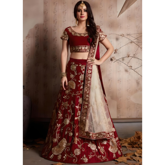 Lehenga Choli Grösse 36 – Baumwolle-Samt-Mix in Rot & Gold mit floraler Stickerei, Choli, Rock & Dupatta – Einzelstück aus Indien