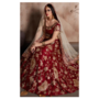Lehenga Choli Grösse 36 – Baumwolle-Samt-Mix in Rot & Gold mit floraler Stickerei, Choli, Rock & Dupatta – Einzelstück aus Indien