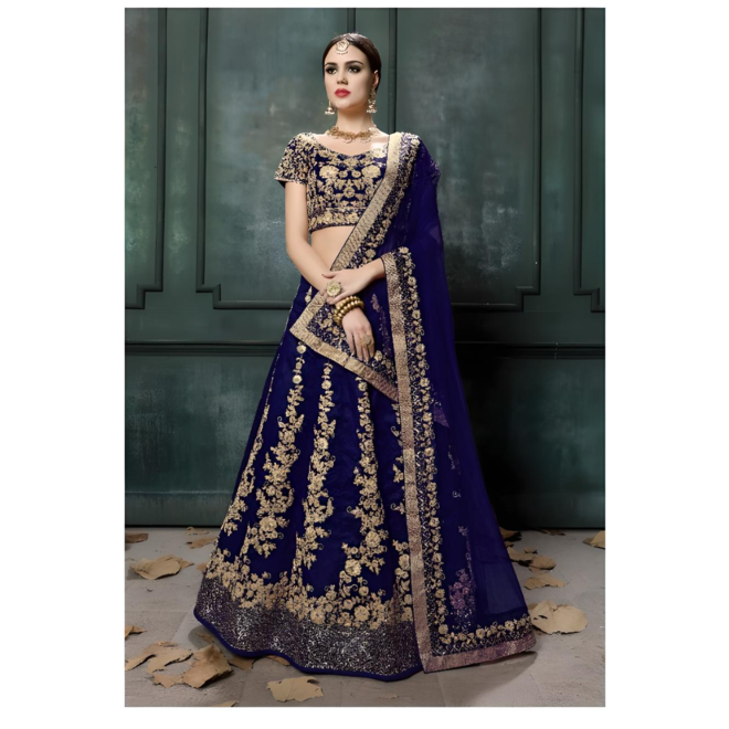 Lehenga Choli in Blau & Gold Gr.  36 – Edles Einzelstück aus Rohseide-Mix mit Stickerei, Choli, Rock & Dupatta – Tragfertig genäht, indische Handarbeit