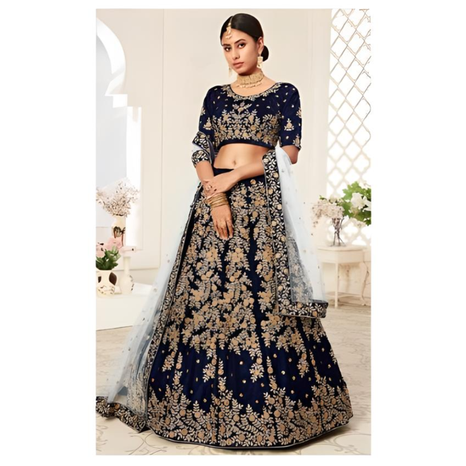 Lehenga Choli Dunkelblau & Gold – Grösse 38