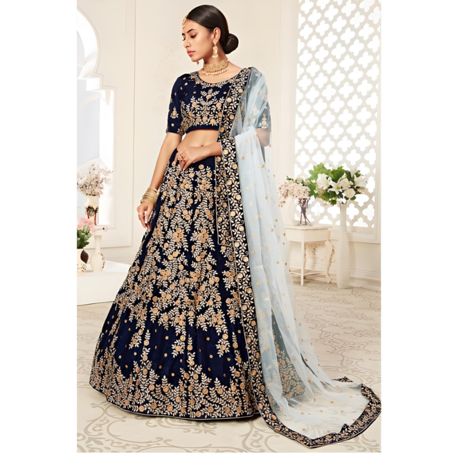 Elegantes Lehenga Choli in Dunkelblau & Gold – Grösse 38, mit prachtvoller Stickerei und Dupatta
