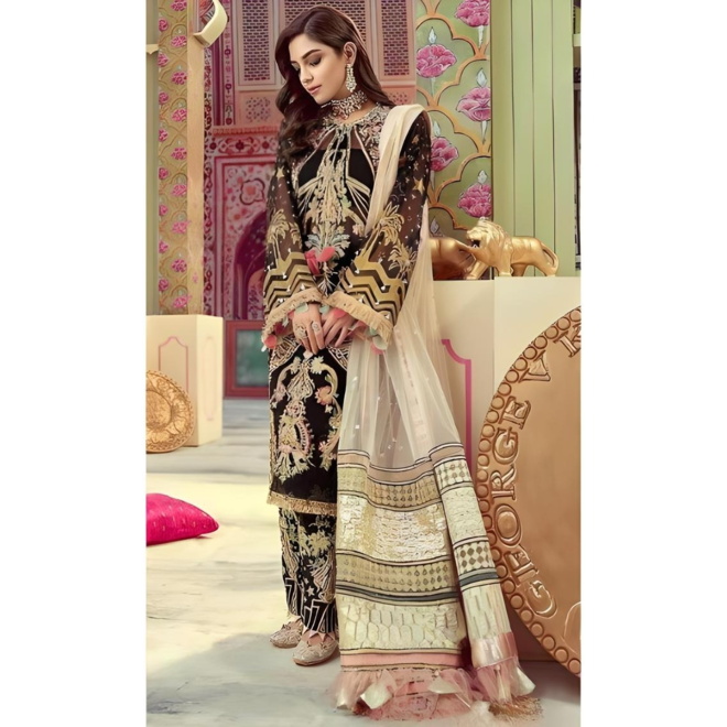 Salwar Kameez Schwarz Chiffon mit bunter Stickerei,  Gr. 40