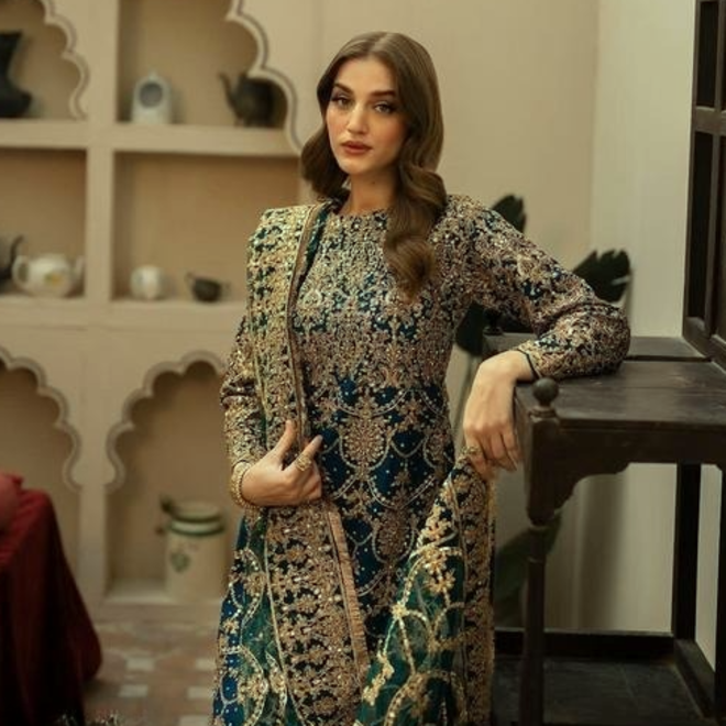 Salwar Kameez Grün Chiffon Goldstickerei Tunika Hose Dupatta