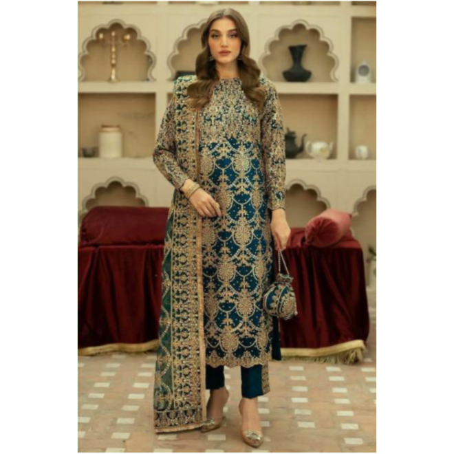 Salwar Kameez Grün Chiffon Goldstickerei Tunika Hose Dupatta