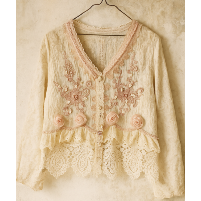 Cremefarbene Bluse mit rosa Rosen – handgestickt