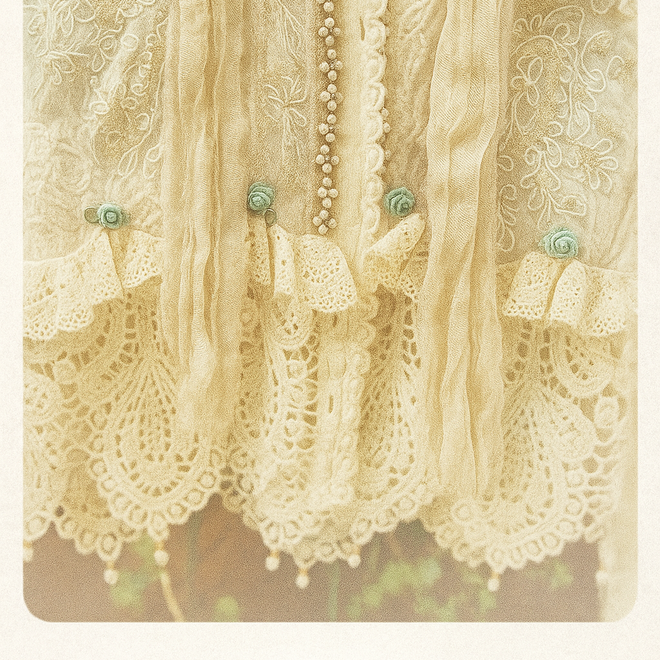 Romantische Tunika in Creme mit handgestickten Details, Vintage-Accessoires & Spitzenbesatz – Unikat in Grösse S