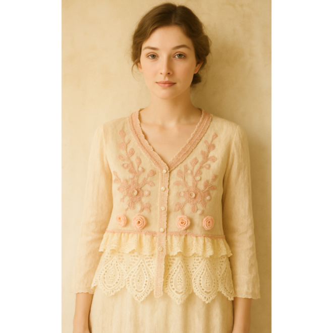 Cremefarbene Bluse mit rosa Rosen – handgestickt