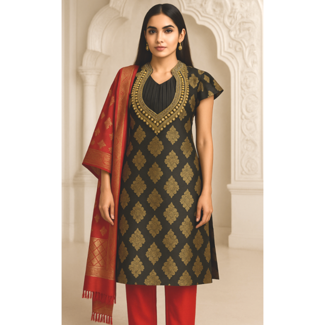 Handgefertigter Salwar Kameez in Schwarz-Gold mit Terracotta – Grösse 40