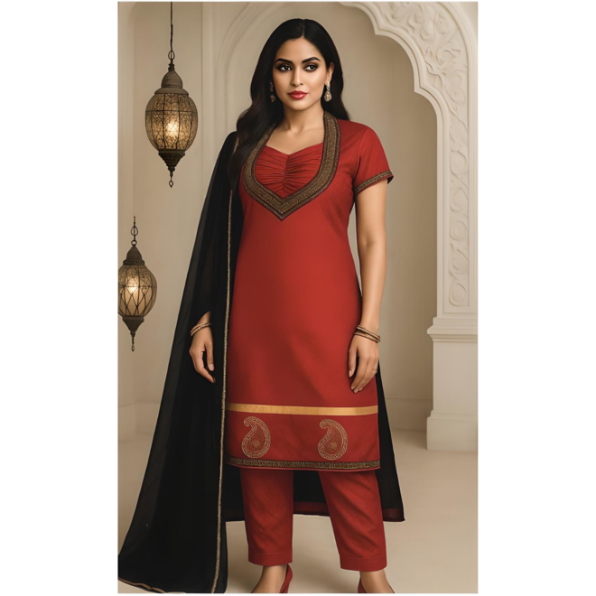 Salwar Kameez aus edler Seide in Weinrot, Grösse 42–44, mit handgefertigten Applikationen,