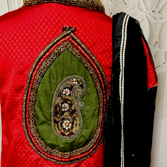 Salwar Kameez Seide Weinrot Grösse 42–44