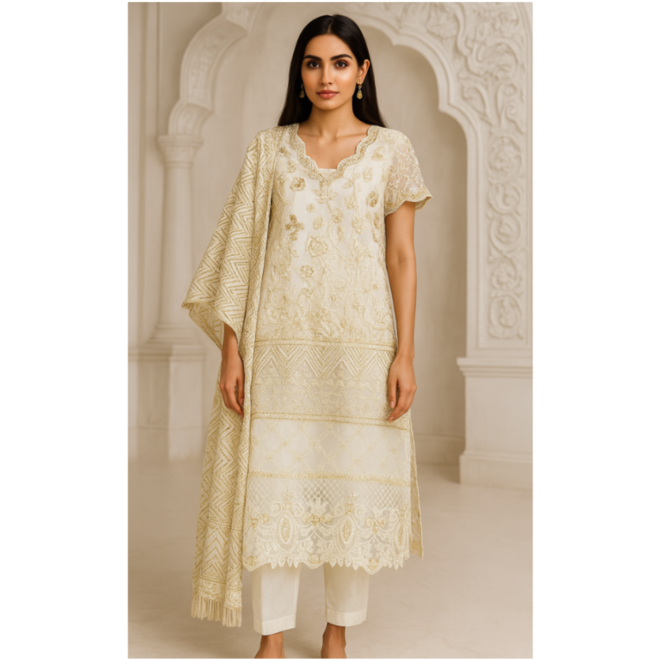 Salwar Kameez Pakistan – Creme & Gold, Grösse 42